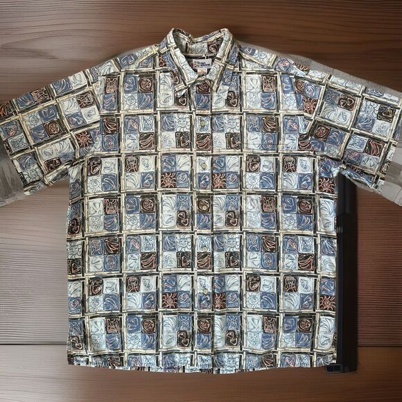 Reyn Spooner Hawaiian Shirt XL Blue Floral Sun Art Hawaii Surfing Vacation - Picture 1 of 8